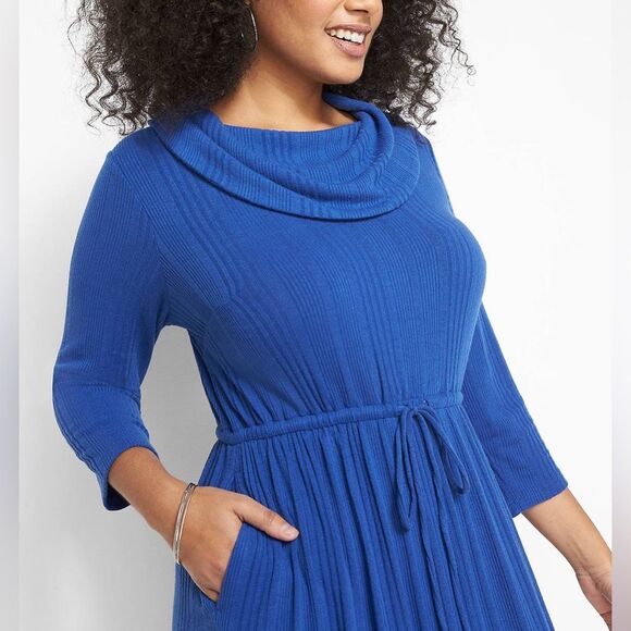 NEW Lane Bryant Cowl-Neck Knit Dress Blue Ribbed Cinch Waist 3/4 Sleeve 18/20 2X - Picture 4 of 14